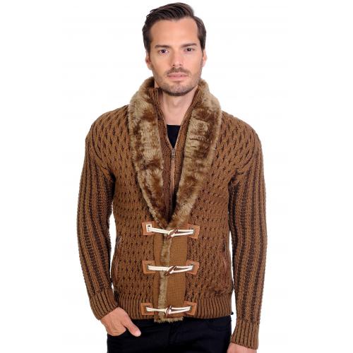 LCR Dark Camel Zip-Up Modern Fit Wool Blend Faux Fur Shawl Collar Sweater 6240